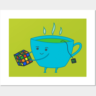 A Cup of Tea Solves Everything - cute and funny tea cup on green Posters and Art